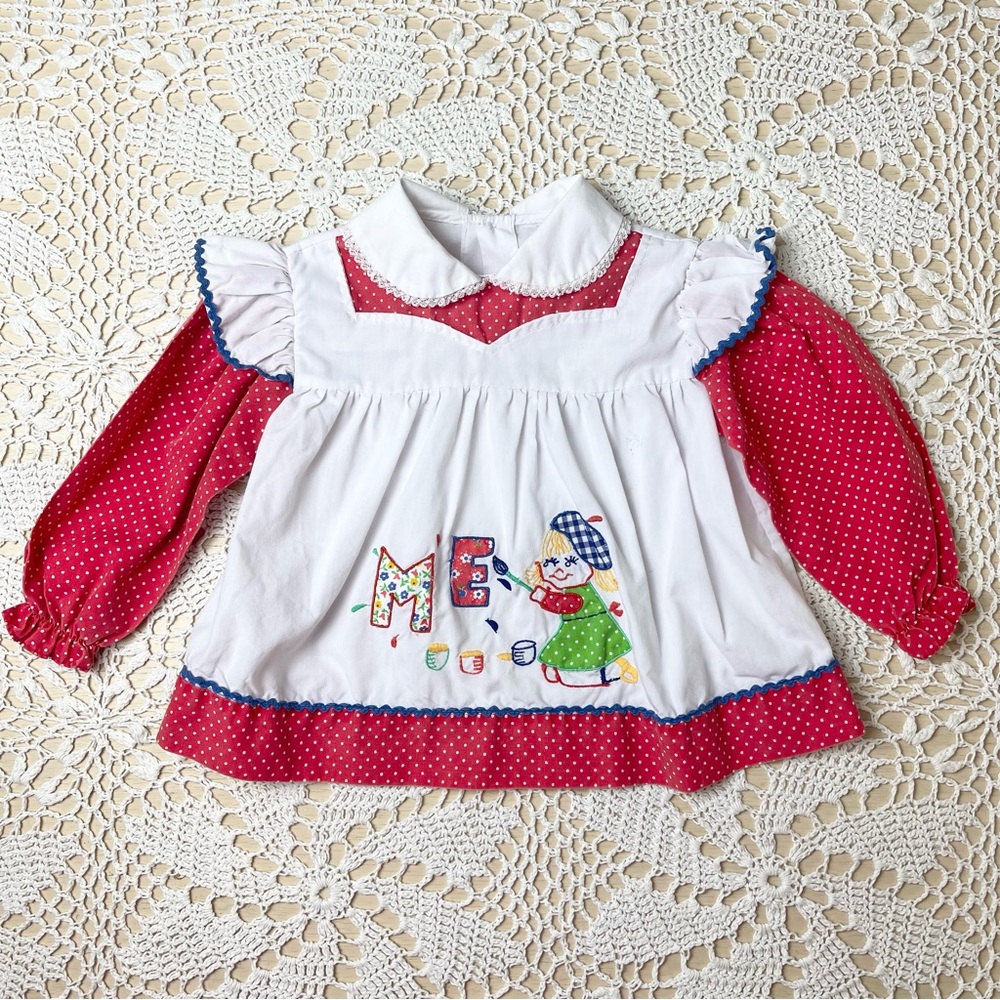Vintage 1980s Baby Girl 18-24 Months Little Painter Long Sleeve Tunic Blouse